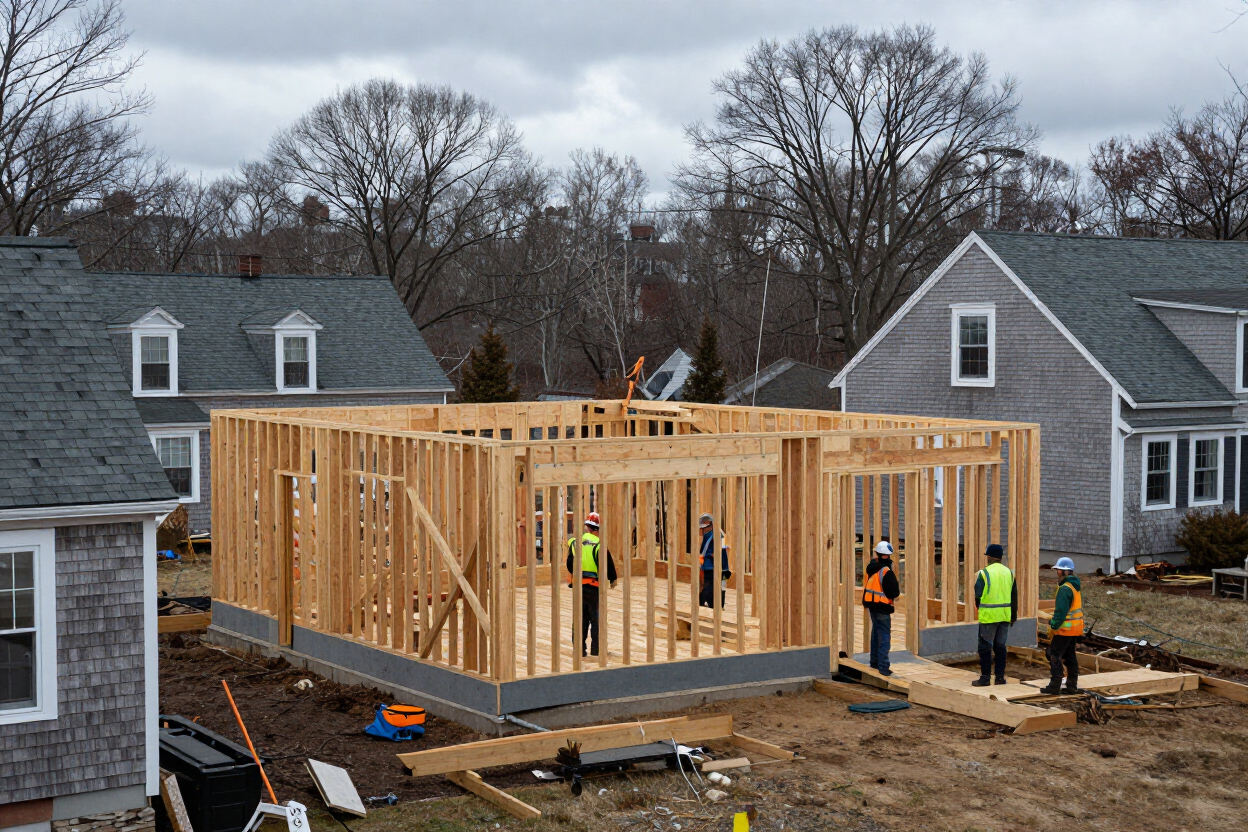 Home addition under construction in a New England neighborhood
