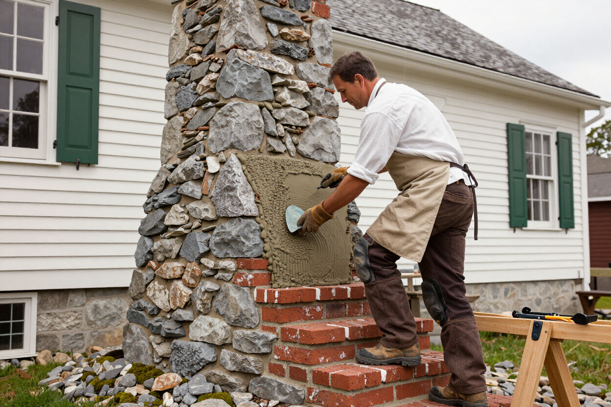 Skilled mason working on chimney stonework on a New England property