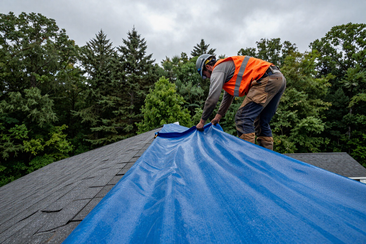 Crew deploying emergency tarp on storm-damaged roof
