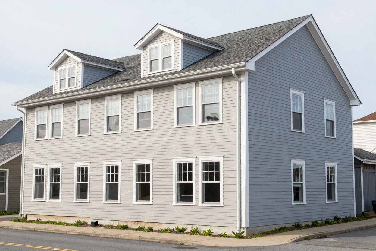 Commercial building exterior with fresh siding, new windows, and clean gutters