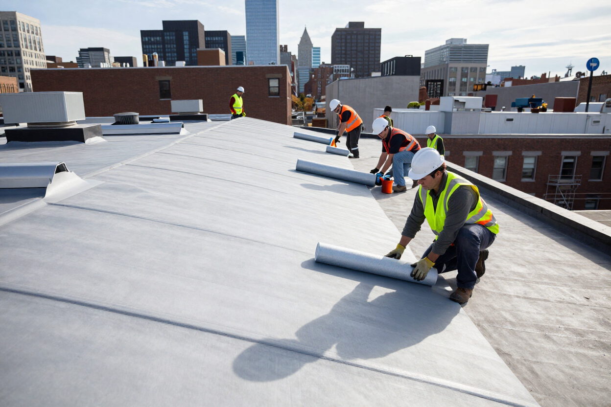 Commercial roofing crew working on a flat membrane roof with New England skyline in background