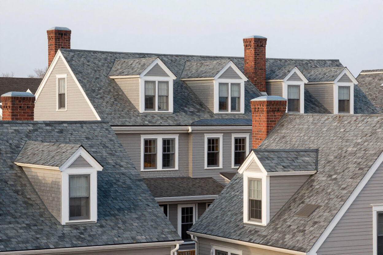 Complex New England roofline with dormer and chimney