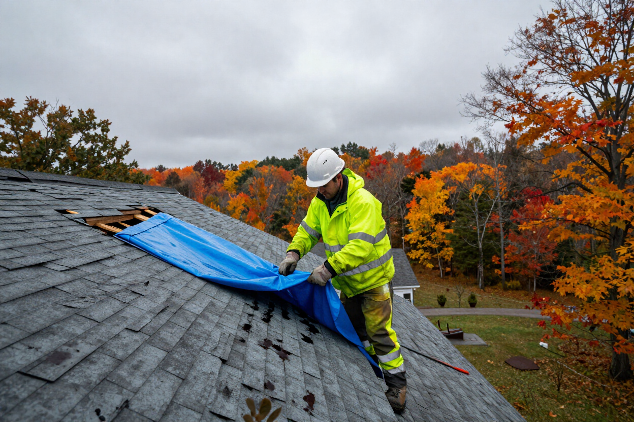 Professional crew securing emergency tarp over storm-damaged roof in New England