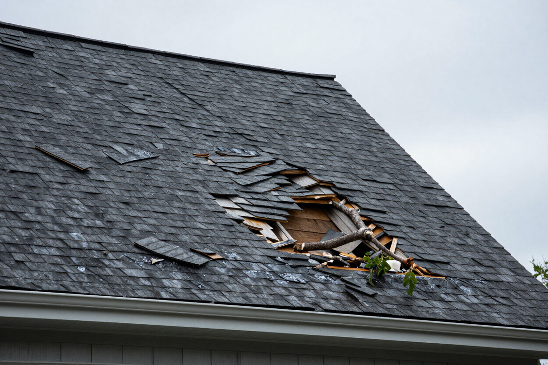 Storm-damaged New England roof with missing shingles and debris
