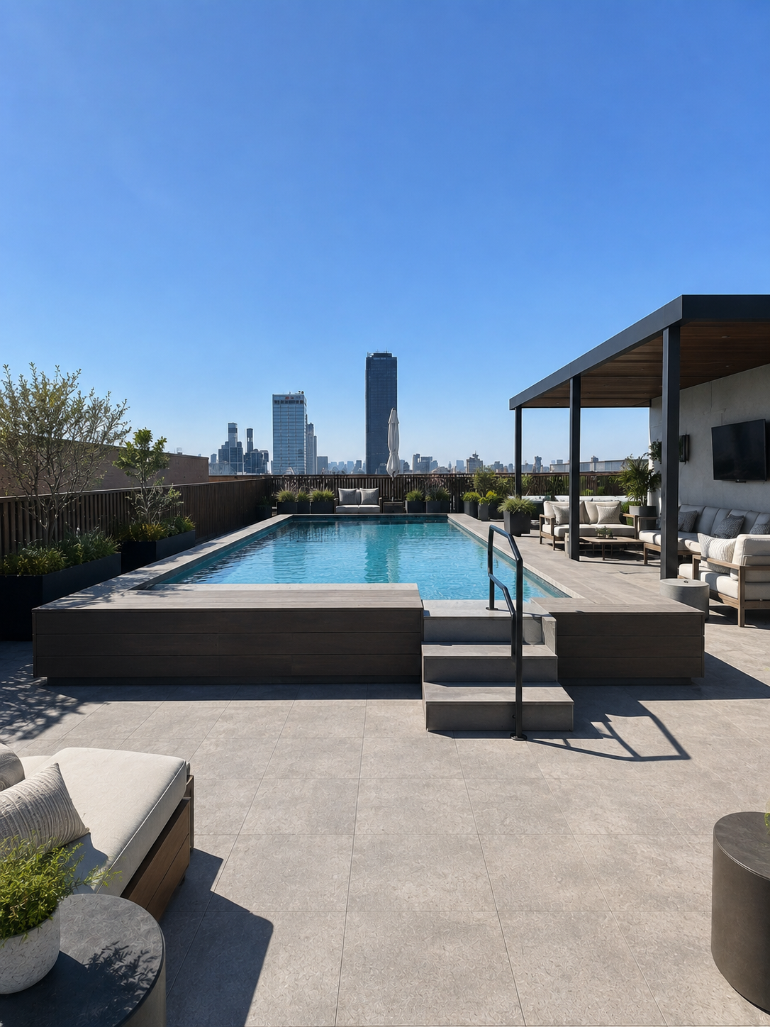 Rooftop pool deck with lounge chairs, city skyline, and clear blue sky