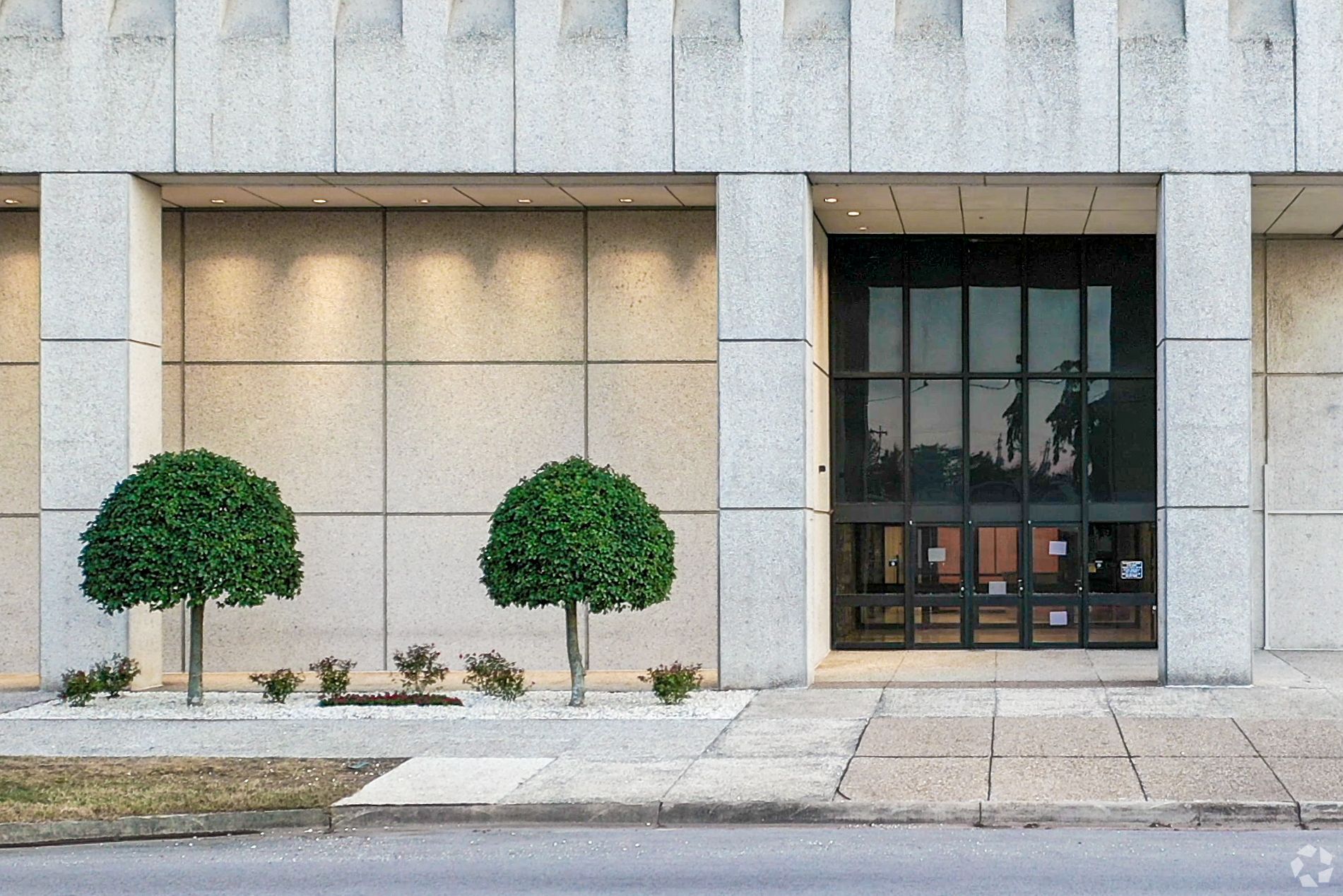 Modern building entrance with glass doors, concrete facade, and two trimmed trees along the sidewalk