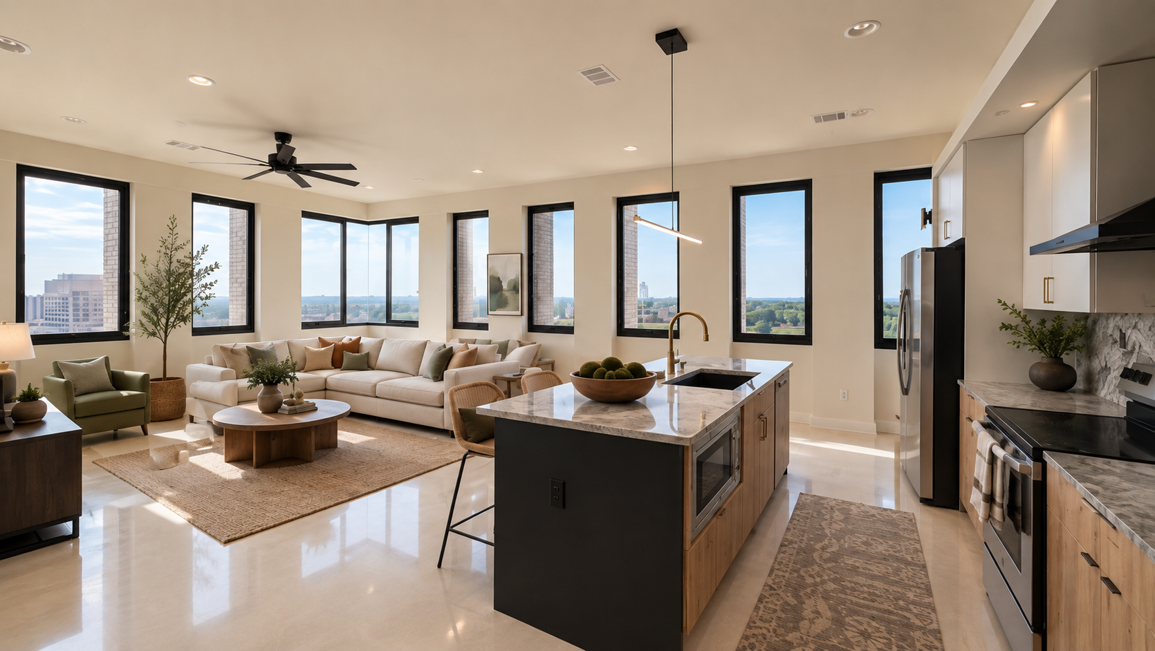Bright modern kitchen and living room with large windows, island, and neutral decor.