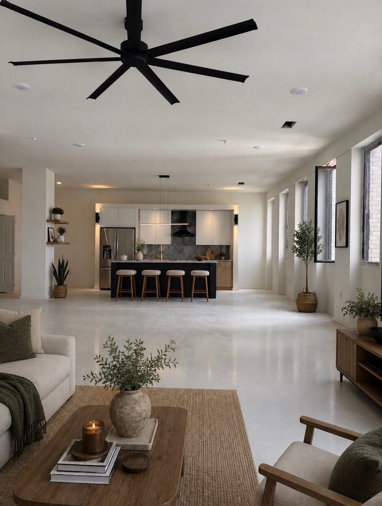 Modern open-plan living room and kitchen with white walls, black ceiling fan, and large windows.