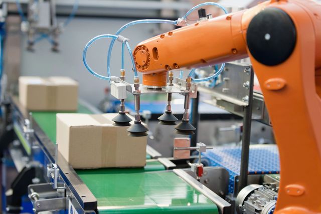 In un ambiente industriale, un braccio robotico arancione con ventose è posizionato sopra delle scatole di cartone su un nastro trasportatore verde.