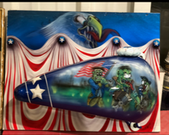 A painting of a tank with a zombie on it