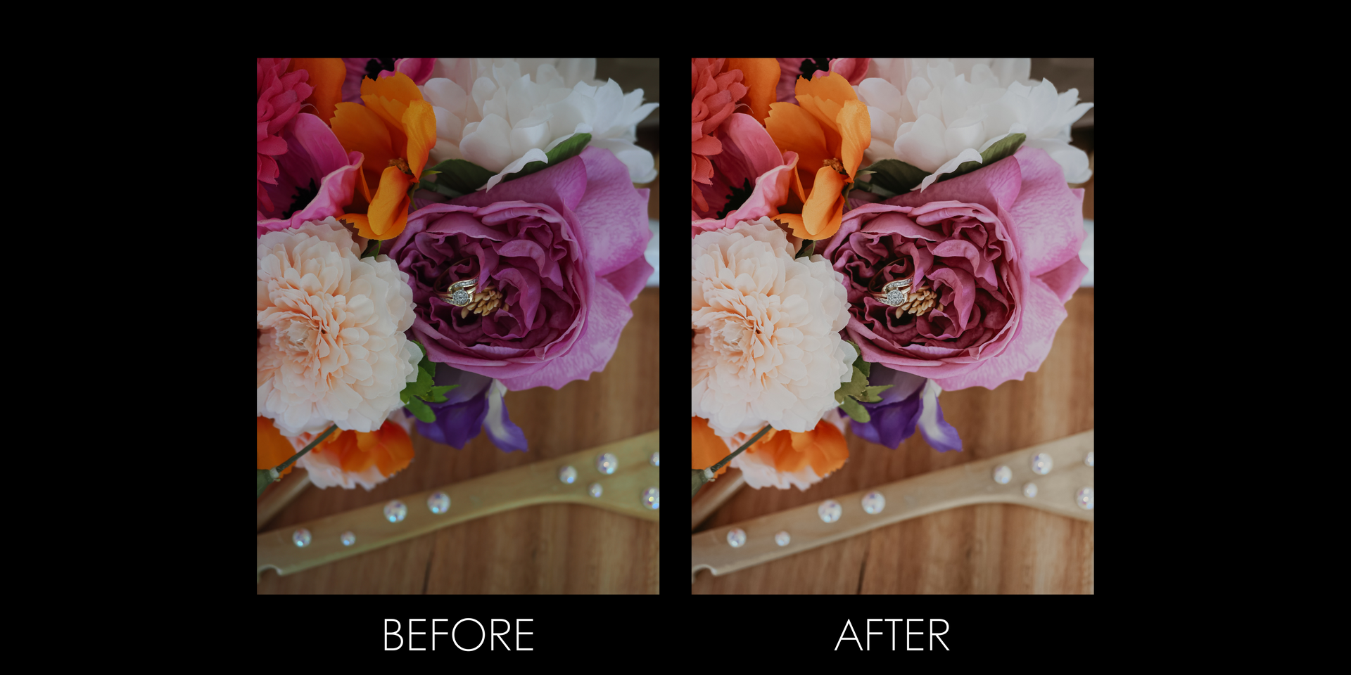 Comparison of a bouquet of colorful flowers before and after editing.