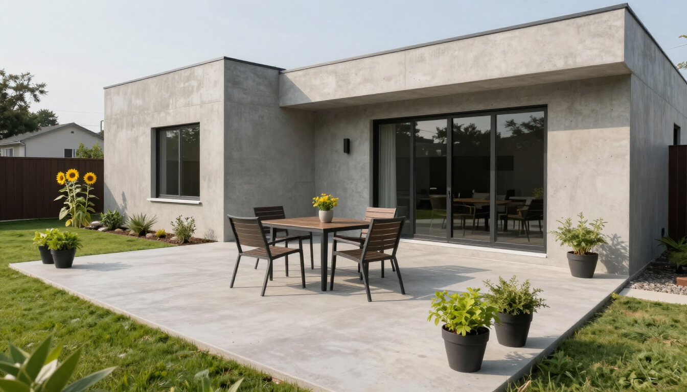 Modern concrete patio outside a gray home with black chairs, wooden table, and planters