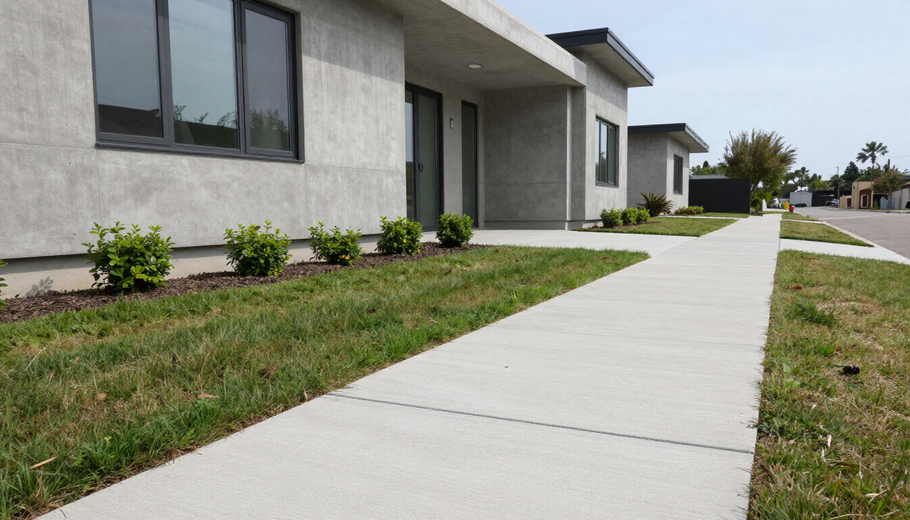 Concrete walkway running behind modern homes along a residential street