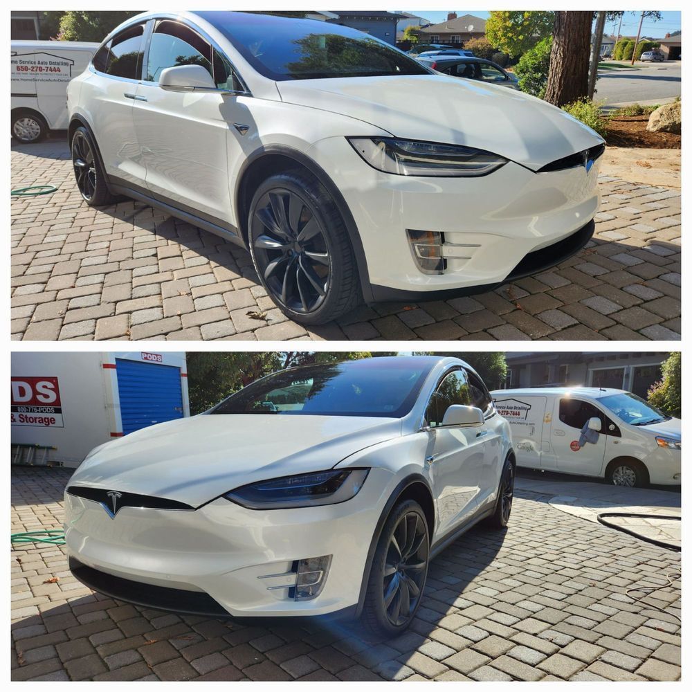 Two white Tesla Model X cars parked on a brick driveway, one in each photo.