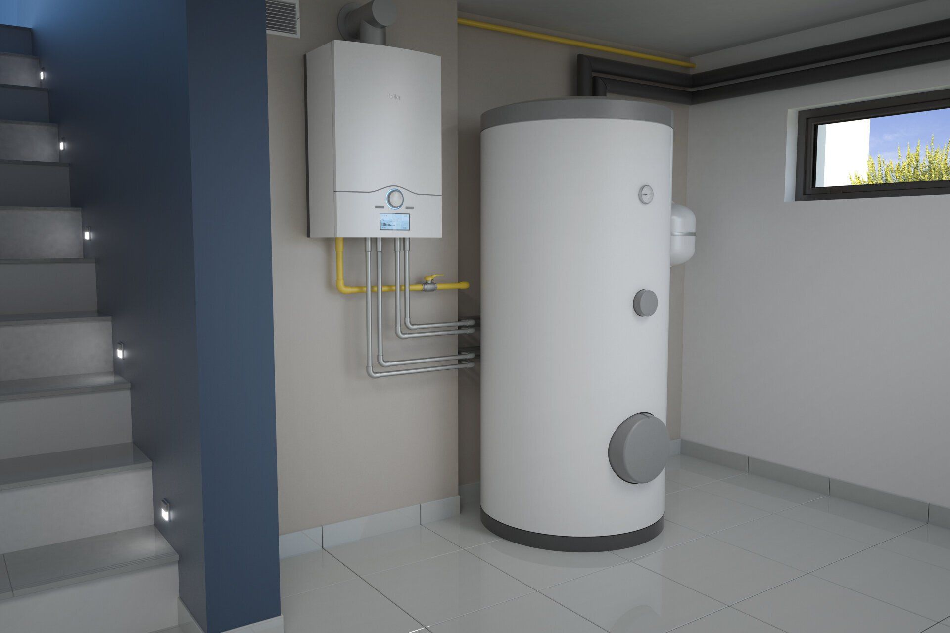 A room with a heater and a water heater in it.
