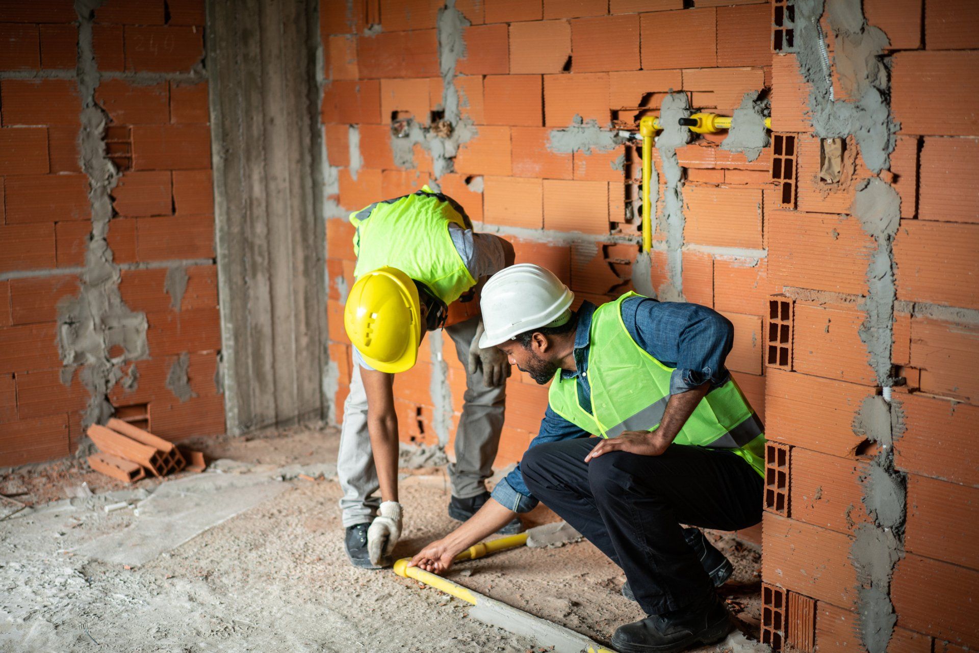 Men Fixing Pipeline From Building — Springville, UT — Blue Plumbing and Drain Cleaning Two construction workers are measuring a brick wall with a tape measure.