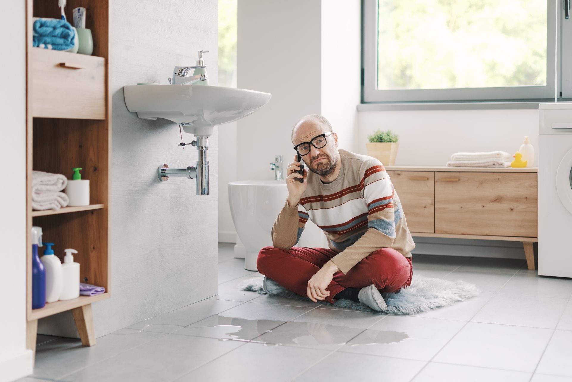 Man calling plumber for leak