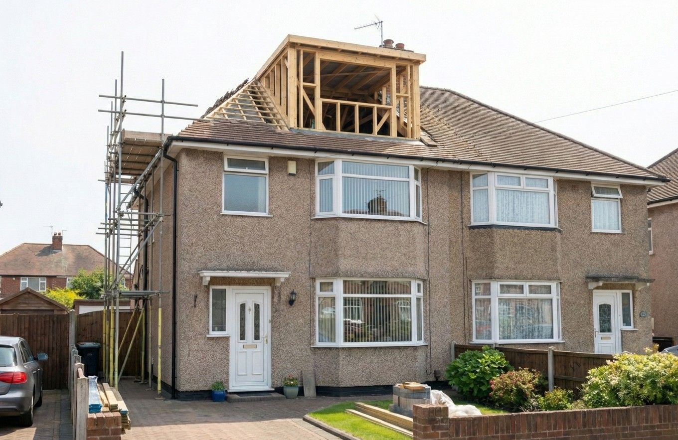 Exterior view of a semi-detached house during construction, with scaffolding and the dormer's timber frame structure visible.