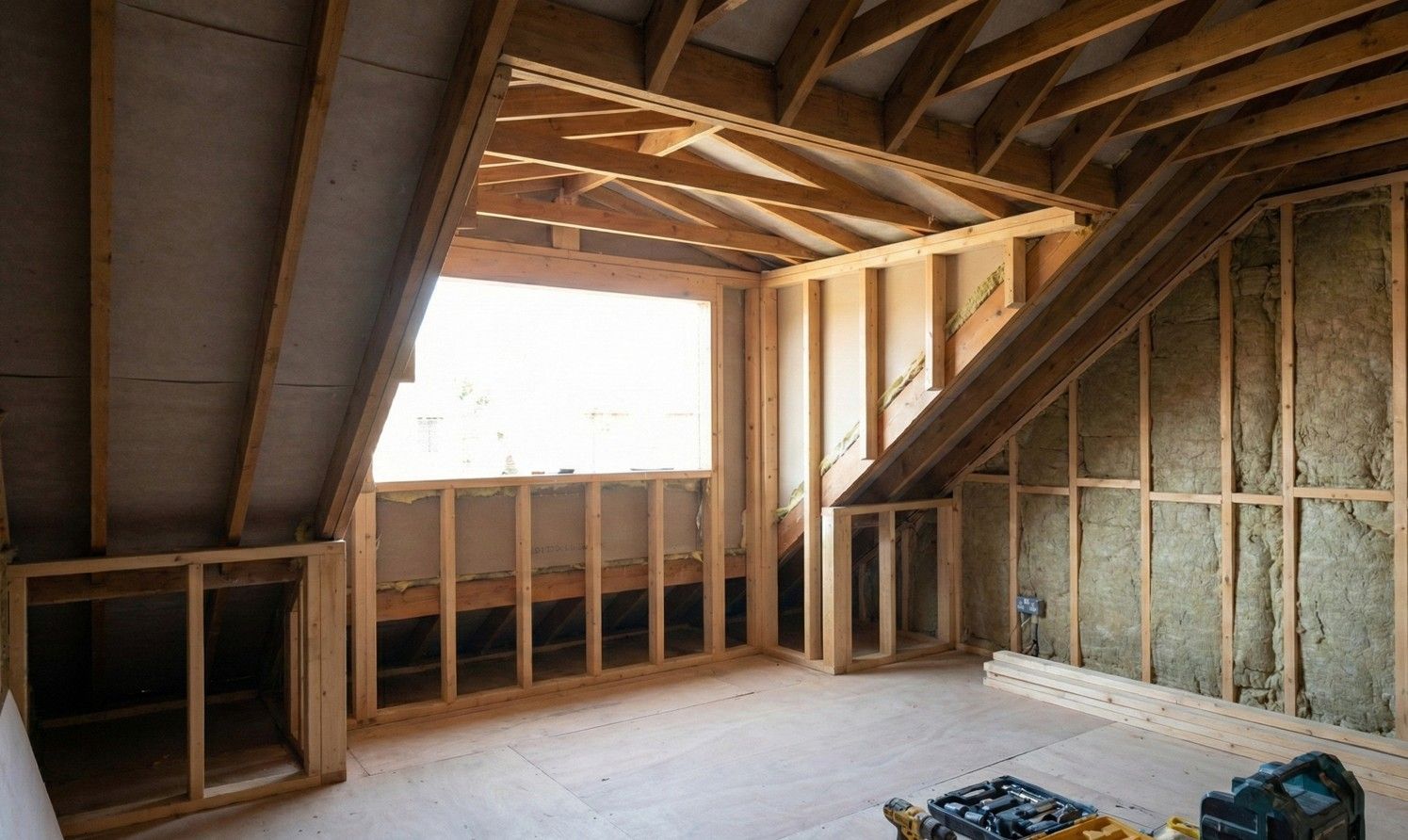 Interior view of a dormer loft conversion in its construction phase. Raw timber frame, insulation, and window opening.