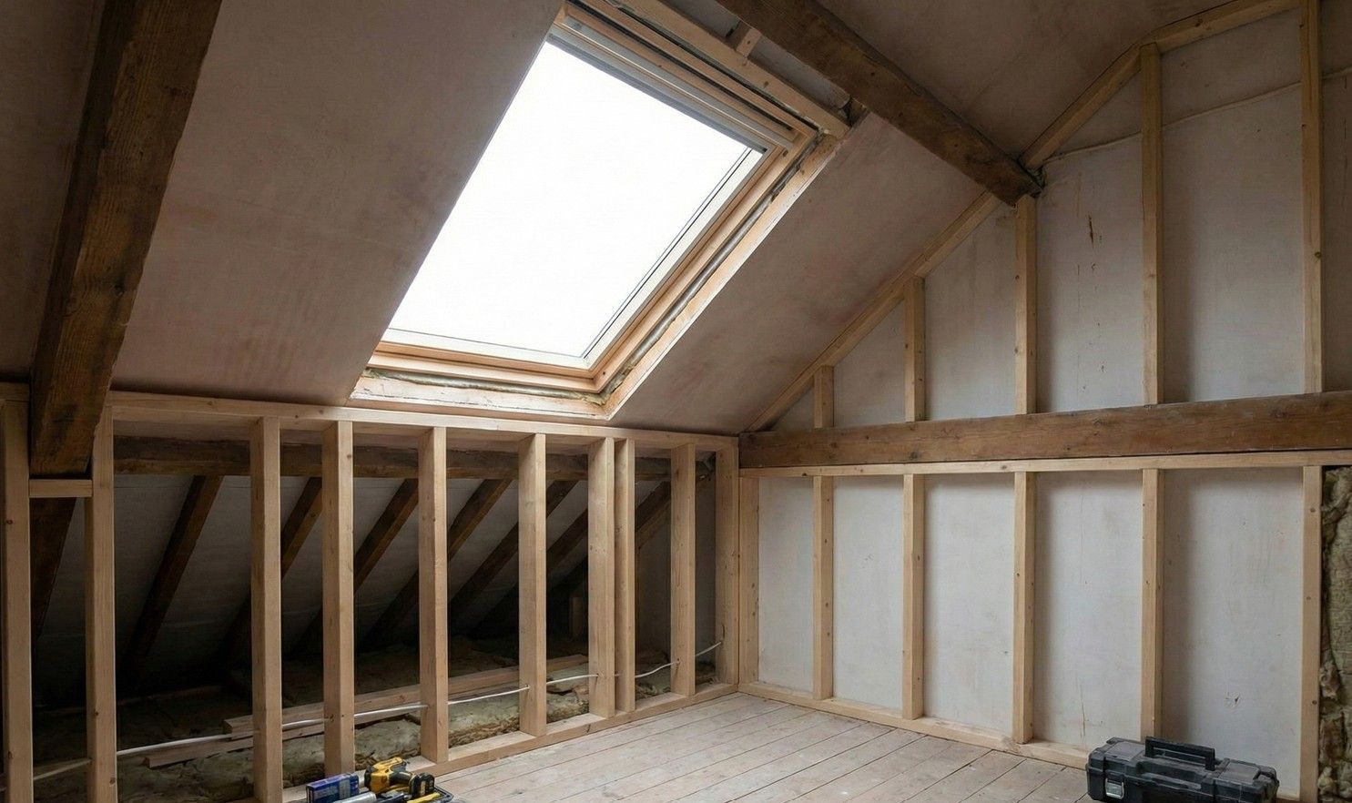 Loft conversion in its construction phase. The Velux window is installed, but not boarded or insulated yet