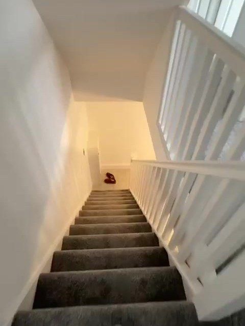 Renovated staircase with a grey carpet runner and white spindles