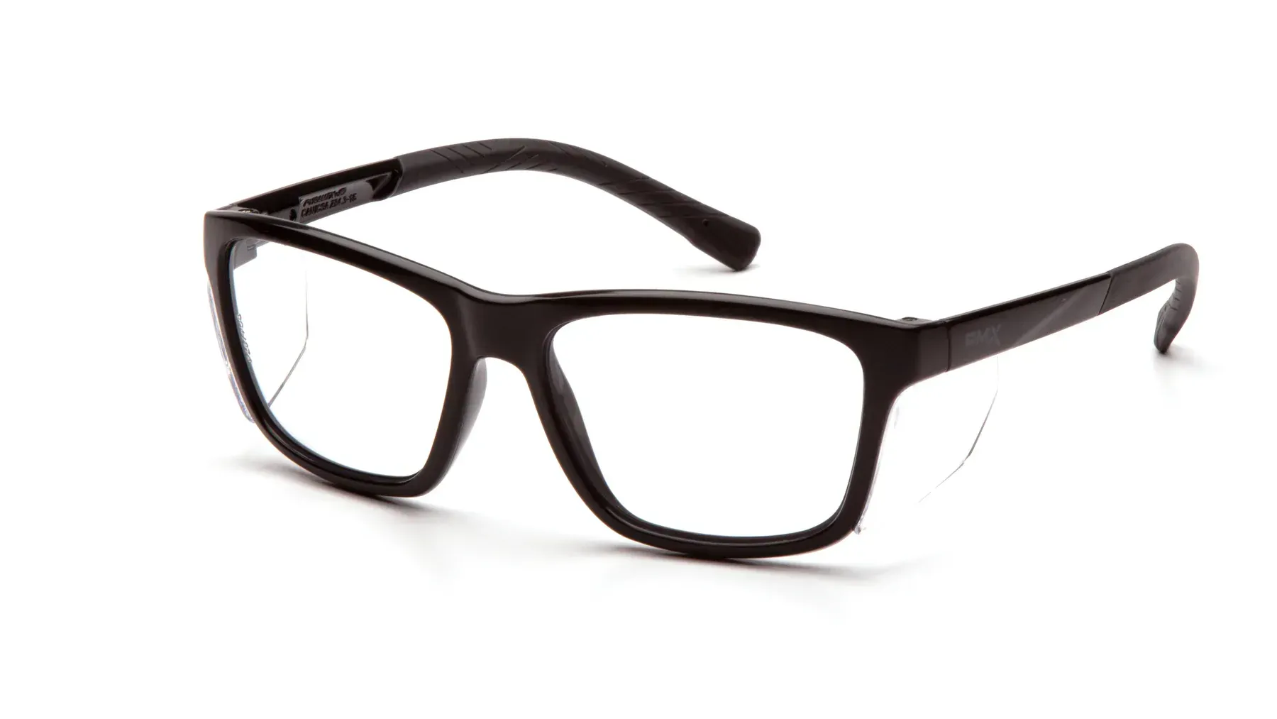 Gafas rectangulares con montura negra sobre fondo blanco.