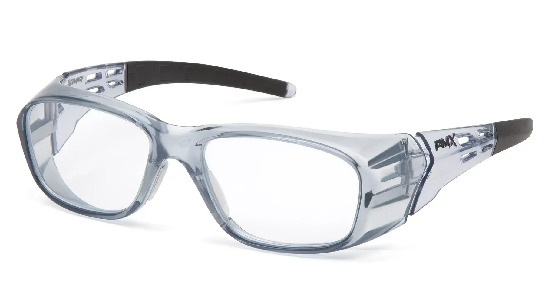 Gafas de seguridad transparentes con marco gris y patillas negras.
