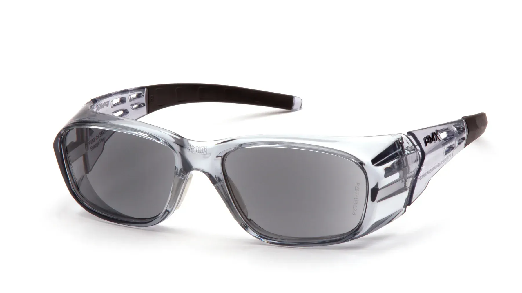 Gafas de seguridad transparentes con lentes grises y patillas negras.