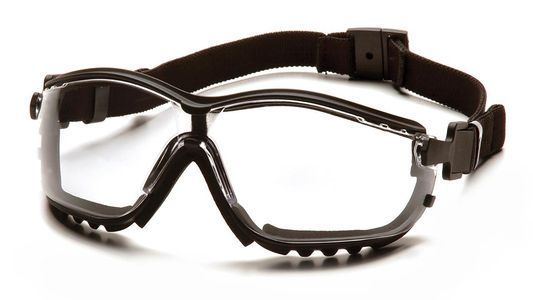 Gafas de seguridad con lentes transparentes y marco negro, con correa para la cabeza.