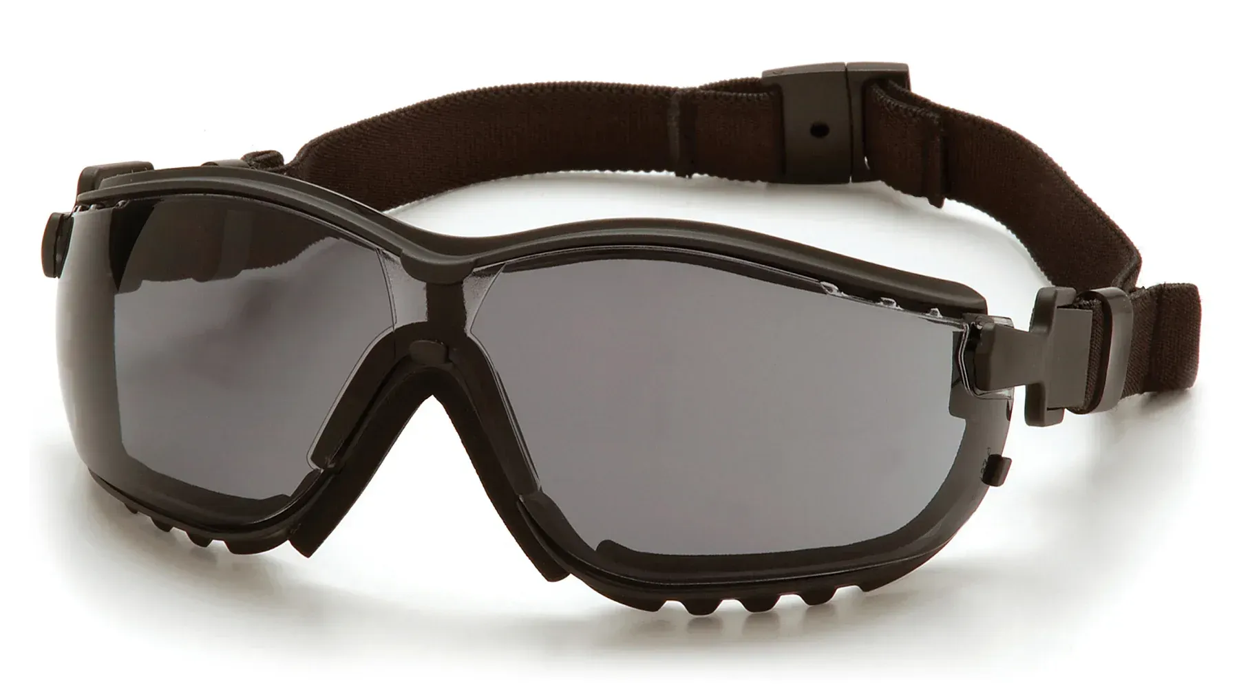 Gafas de seguridad de color gris oscuro con marco y correa de color negro.