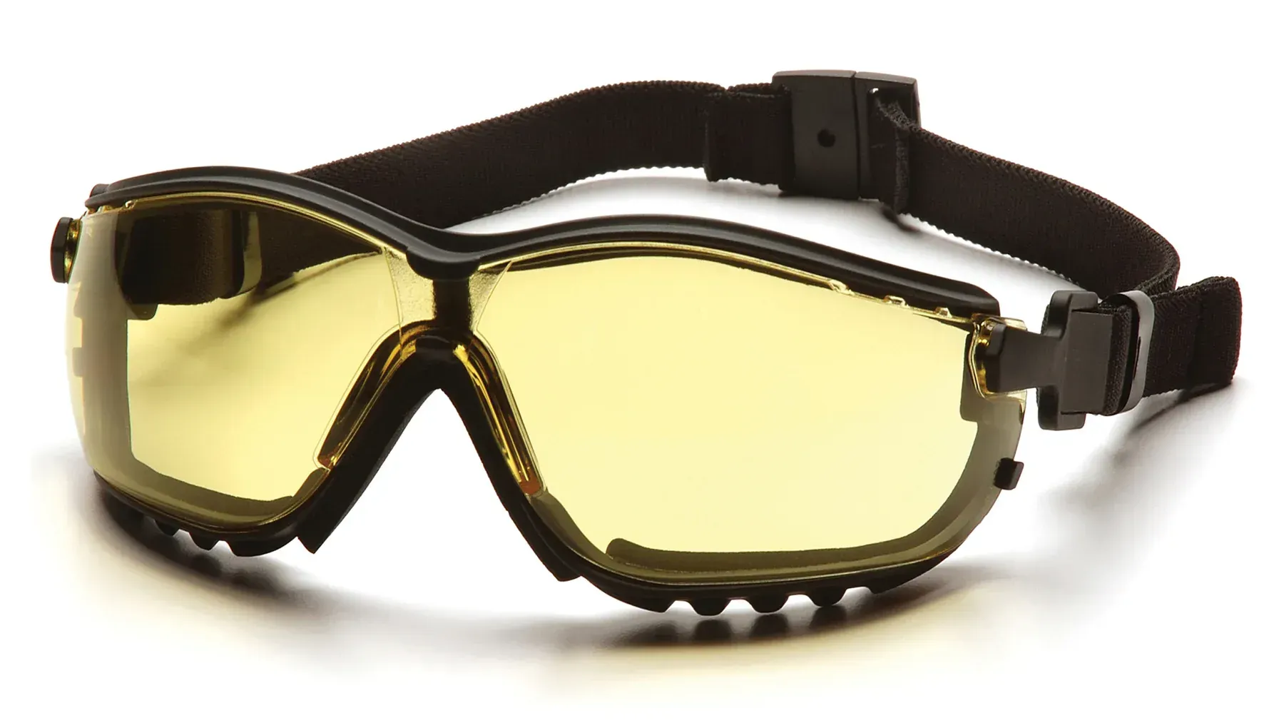 Gafas de seguridad de color amarillo con marco y correa de color negro.