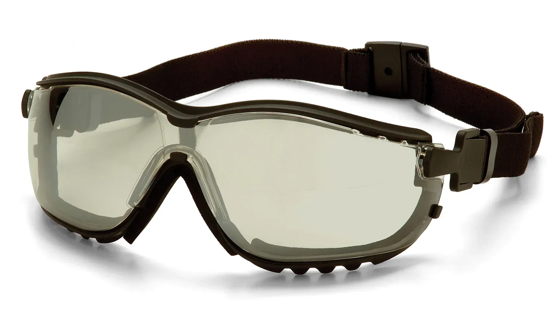 Gafas de seguridad grises con lentes transparentes y correa ajustable marrón.
