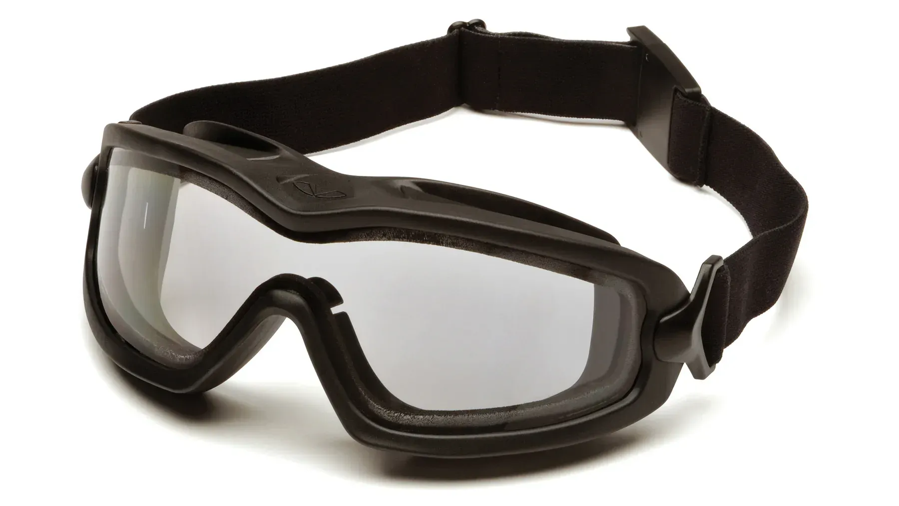 Gafas de protección negras con lentes transparentes y correa ajustable.