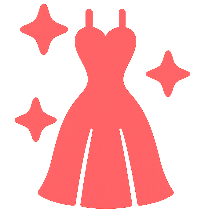 Red dress icon with sparkles on a white background