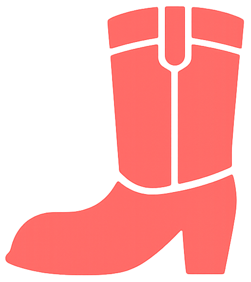 Red cowboy boot icon with decorative stitching on a white background
