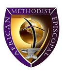 African Methodist Episcopal Church logo: shield with globe, anvil, and cross.