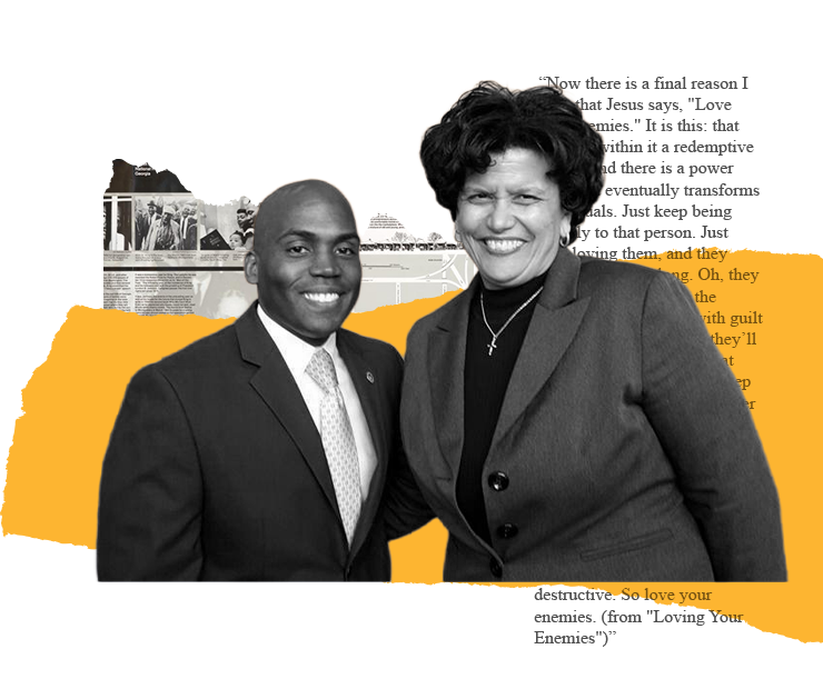 Two people, a man and woman, smiling. They are posing for a photo. There's a background of a historic site.