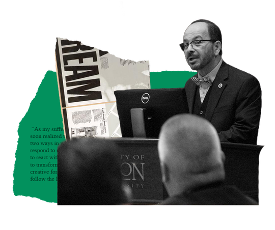 A man with glasses gives a speech behind a lectern. A news clipping and a green shape are visible.