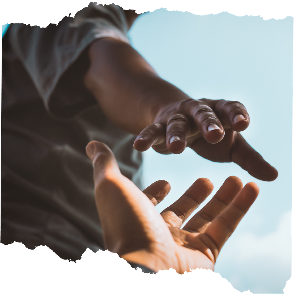 Two hands reaching toward each other under a blue sky, palms up and down.