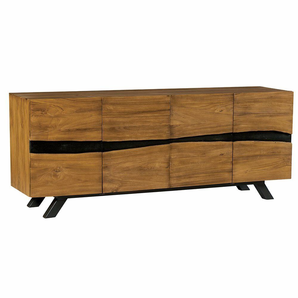Armoire en bois avec une bande décorative noire et des pieds noirs.