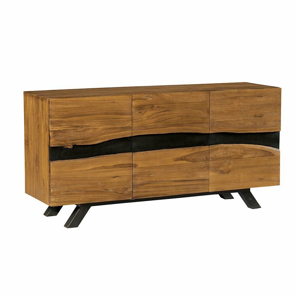 Buffet en bois à trois portes, à rayures noires, sur pieds en métal.