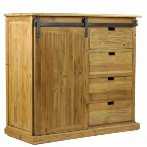 Armoire en bois avec porte coulissante de style grange et trois tiroirs.