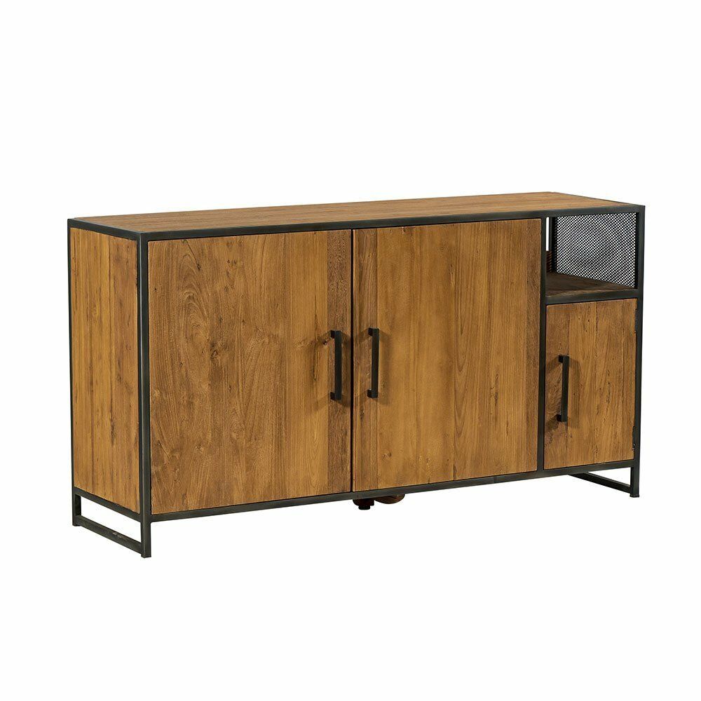 Buffet en bois avec cadre et poignées de porte en métal noir.