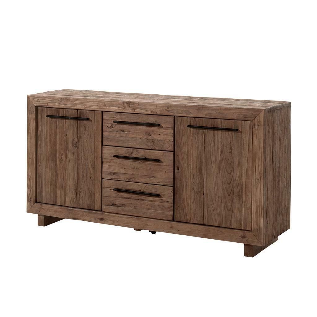 Buffet en bois à deux portes et trois tiroirs, grain de bois naturel.