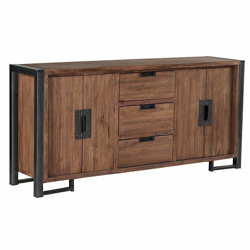 Buffet en bois avec structure et quincaillerie en métal noir, trois tiroirs.