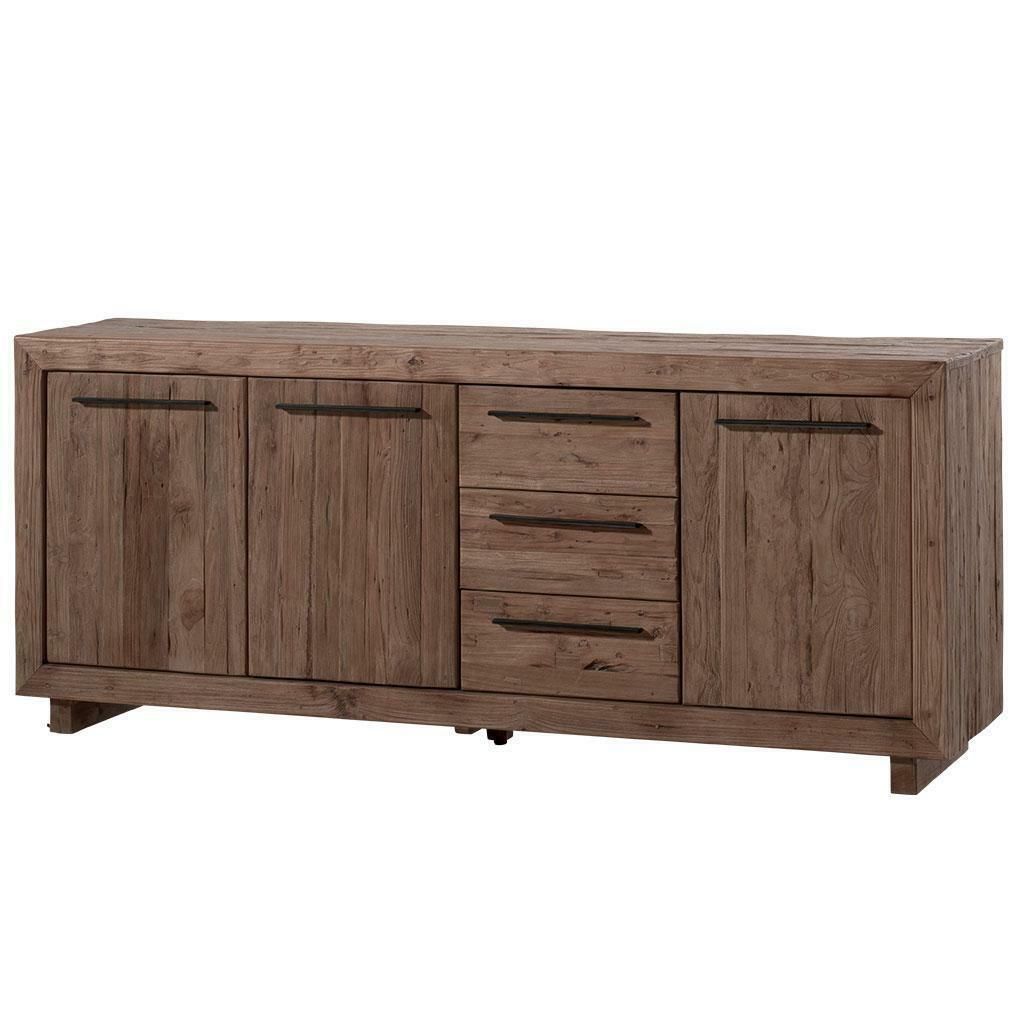 Buffet en bois à deux portes et trois tiroirs, finition marron.