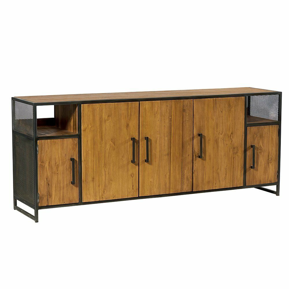 Buffet en bois et métal noir, avec quatre portes et deux étagères latérales.