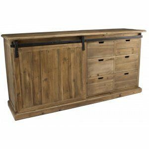 Meuble en bois avec porte coulissante et tiroirs, style rustique.