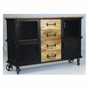 Buffet de style industriel noir et bois sur roulettes ; quatre tiroirs, deux portes.