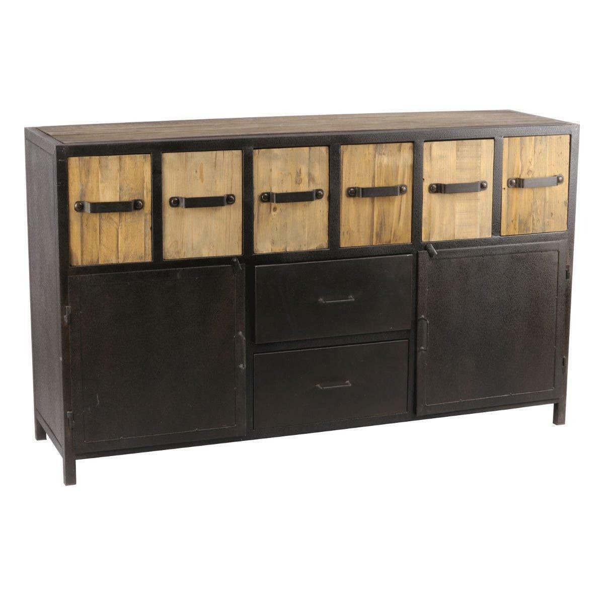Buffet de style industriel avec tiroirs en bois et structure en métal noir.